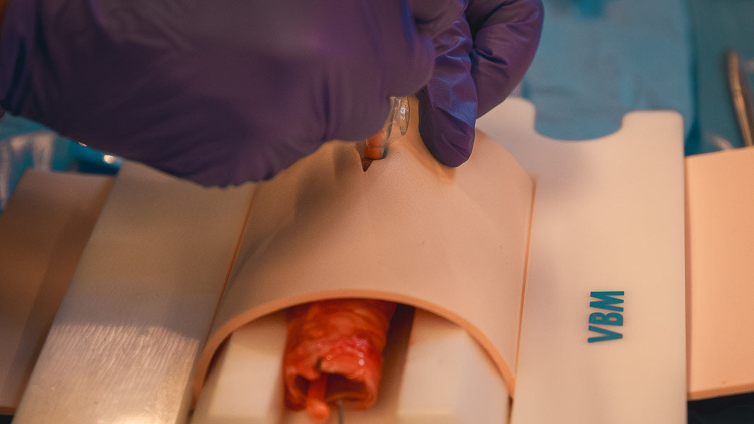 Hände in Handschuhen üben an einem Simulationsmodell mit künstlichem Gewebe